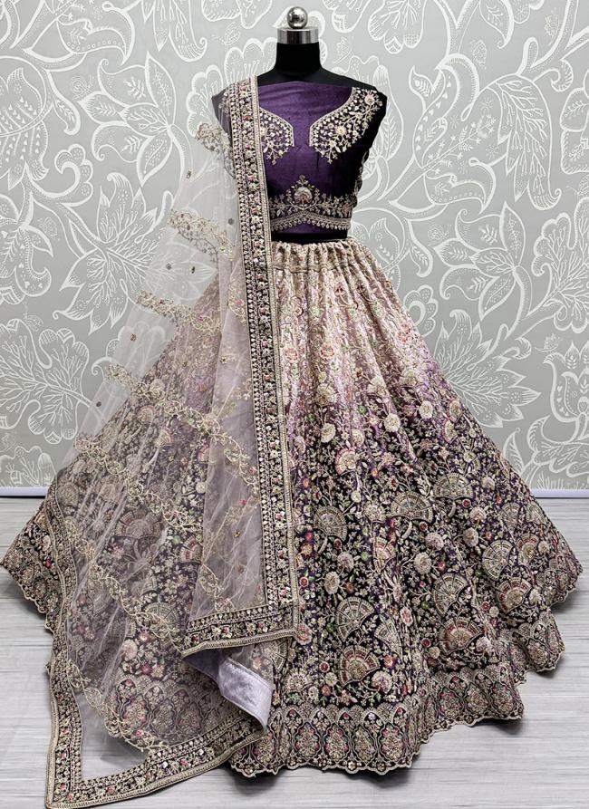 Velvet Peach Purple Bridal Wear Embroidery Work Lehenga Choli